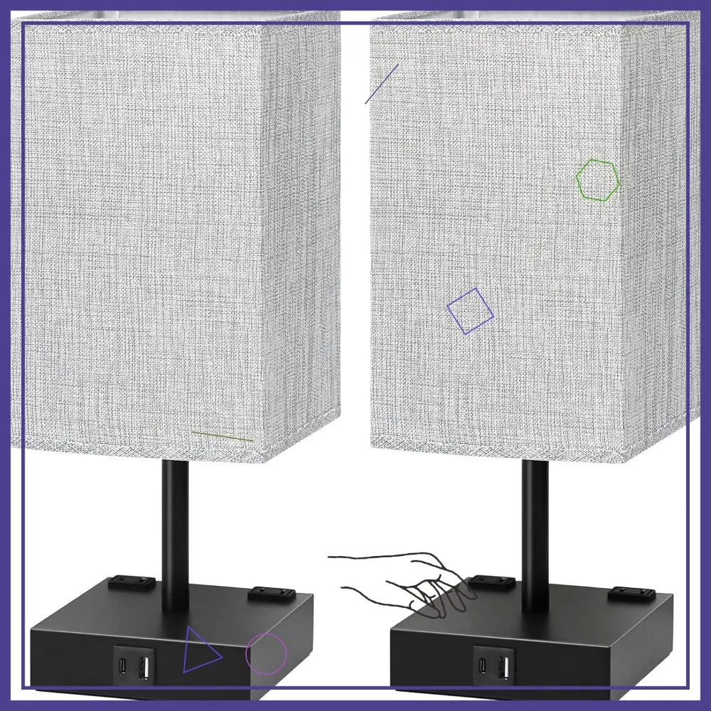 

Набор из 2 сенсорных прикроватных светильников с зарядкой USB-C/A, розетками переменного тока, с регулируемой яркостью, серым тканевым абажуром для спальни, гостиной, офиса