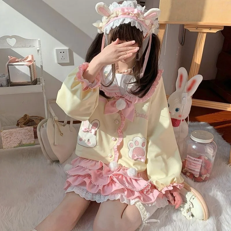 Japanese College Style 2‑Piece Outfit Cute Bunny Sailor Collar Jacket + Pink Ruffled Cake Skirt, Bow Embroidery Sweet Lolita Set - view 6
