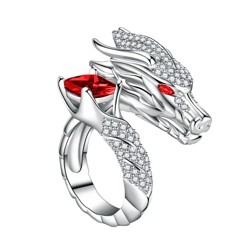 Silver Dragon Rings For Men Women Luxury Red Blue Gemstone Ring