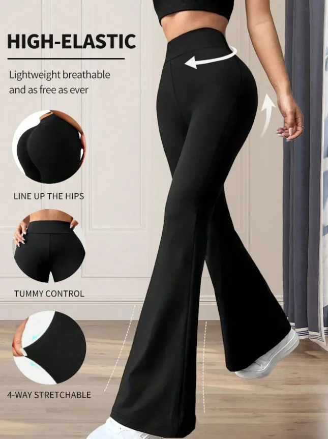 2027New Women's High Waist Micro Flare Yoga Pants - Extended Length Slimming Sharkskin Horseshoe Pants 4-Way Stretch
