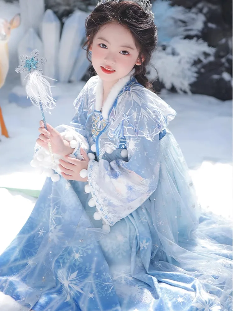 فستان مبطن شتوي دافئ للفتيات جديد لعام 2025 مع عباءة للأطفال الجنية القديمة أداء زي الأطفال بدلة تانغ ملابس السنة الجديدة