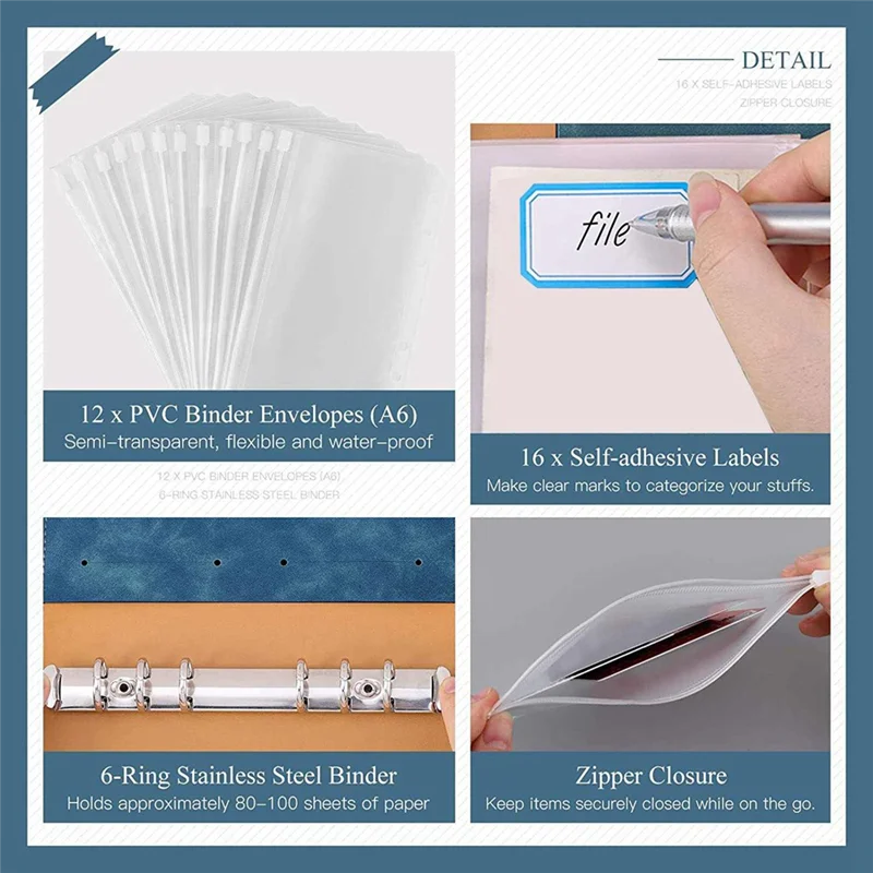 Carpeta de cuaderno de 6 anillas, carpeta de cuero PU, cubierta de carpeta de cuaderno PU + Metal + PVC con carpeta de plástico transparente A6, bolsa tipo sobre azul