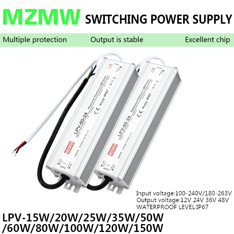 

IP67 Waterproof Switching Power Supply LPV 15W 25W 35W 50W 60W 80W 100W 120W 150W AC/DC 12V 24V 48V Constant Voltage LED Driver