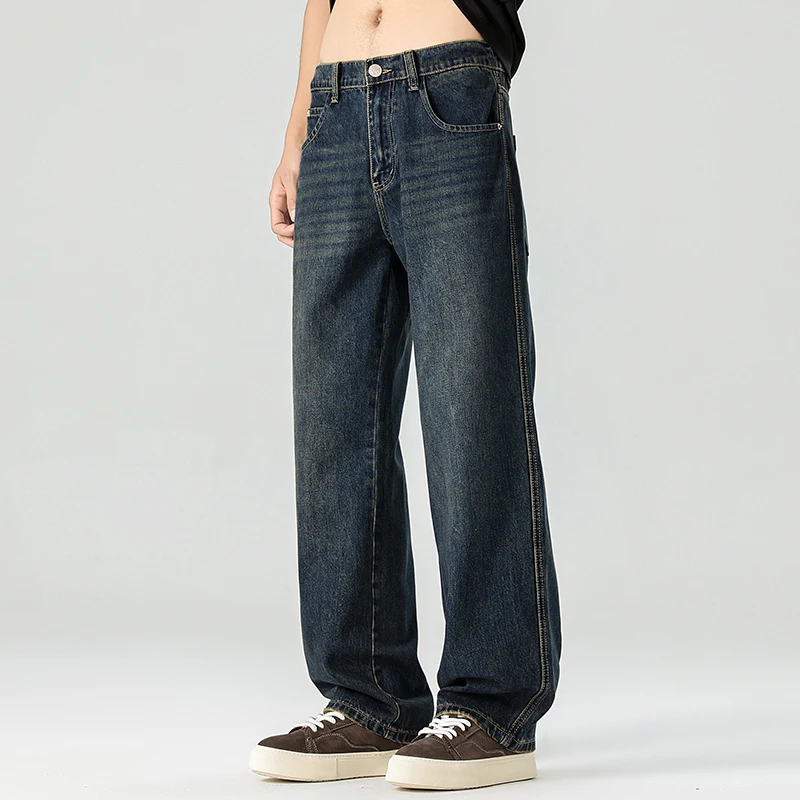 Rechte jeans Casual heren herfst nieuwe effen kleur losse broek Comfortabele vintage wijde pijpen denim broek Mannelijke kleding
