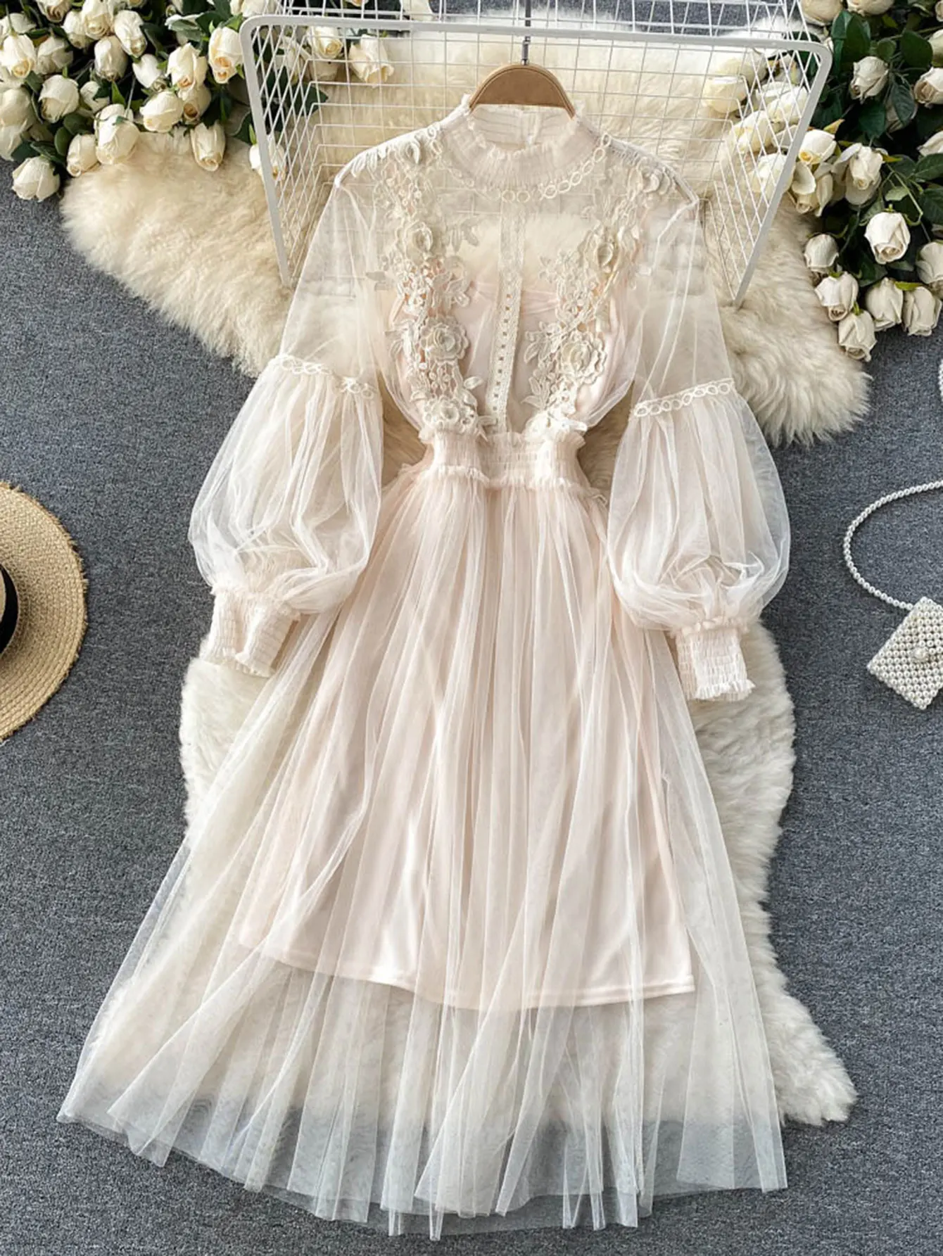 Women's Long Sleeve Crew Neck Midi Dress Autumn Winter Fashion Sheer Solid Color A-Line Vacation Dress