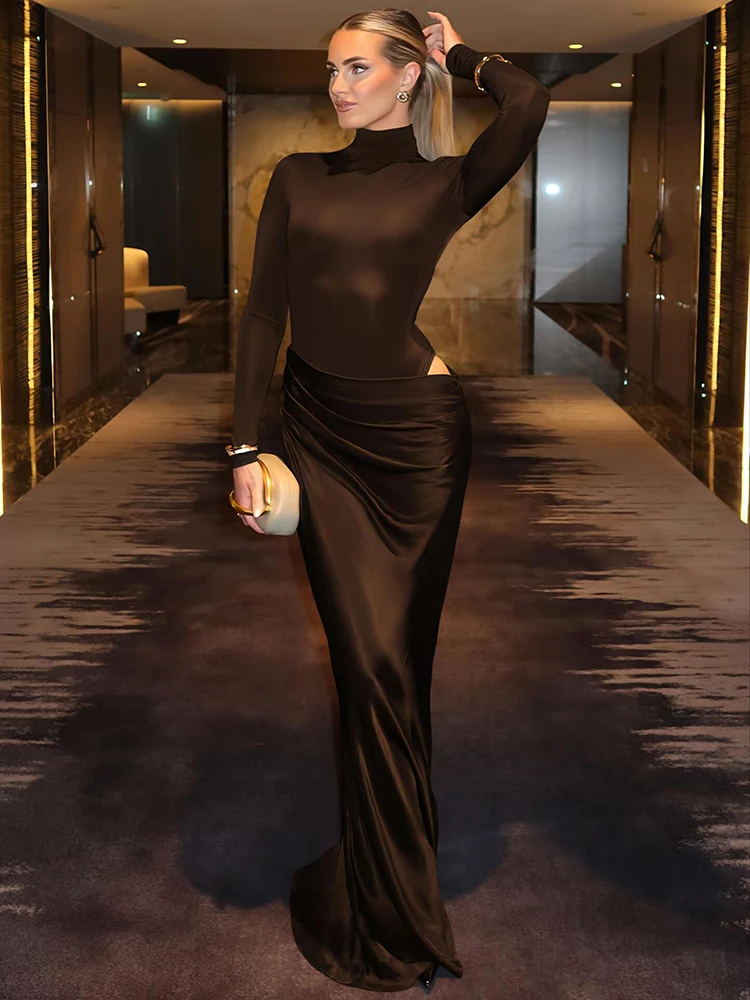 Mozision Autumn Long Sleeve Sexy Maxi Dress Women Fashion Hollow Out Turtleneck Ruched Bodycon Club Party Long Dresses Female
