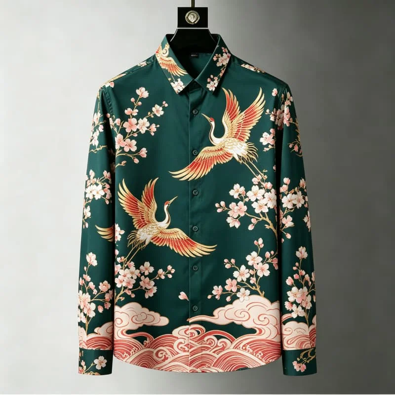 Oriental aesthetic charm printed long sleeved shirt, for theme parties, cultural travel, and eye-catching vacation styles.