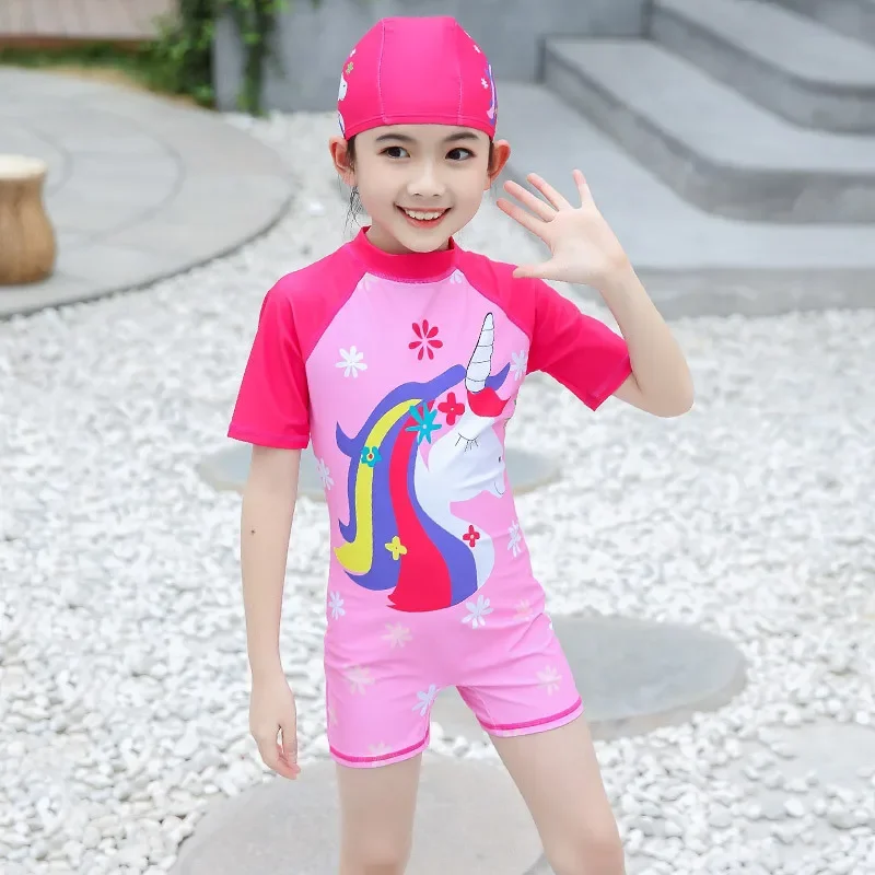 Traje de baño de Princesa con gorro para niña, traje de baño con estampado de cisne de dibujos animados, protección solar, novedad