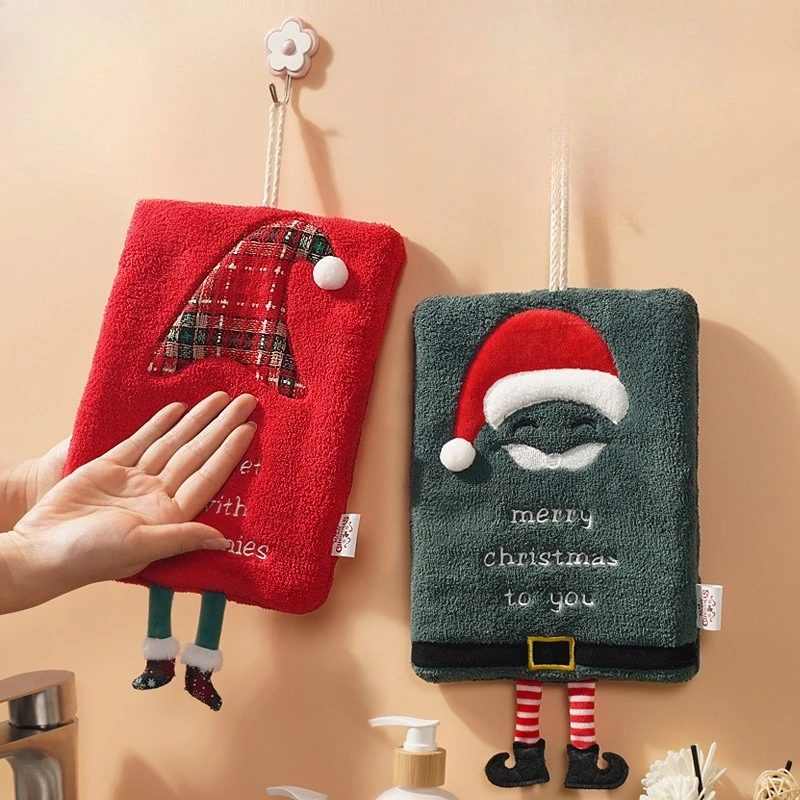 1/2Pcs Christmas Hanging Hand Towel With Long Legs Cartoon Santa Hat Embroidery Coral Fleece Towel