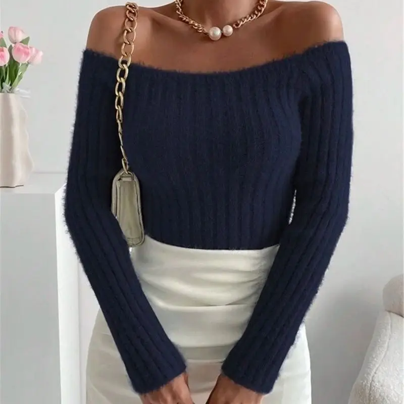 New Autumn-winter Sweater Autumn Knitted Bottom Exposed Shoulder Short Style Long-sleeved Slim Sweater Blouse