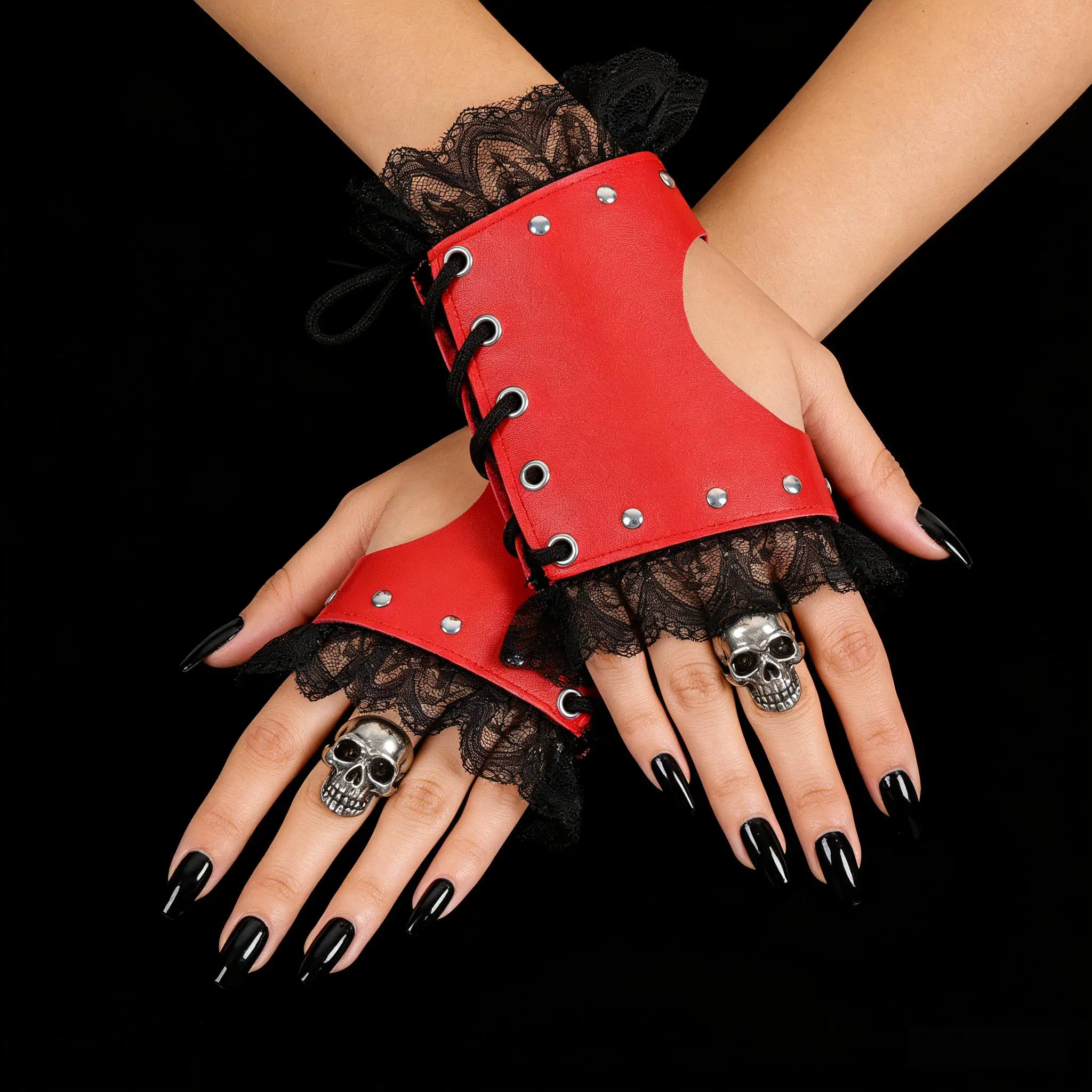 

Рукавицы из искусственной кожи без пальцев, красные и черные, грелки для рук, вампирский гот, День святого Валентина, костюмы и аксессуары для косплея