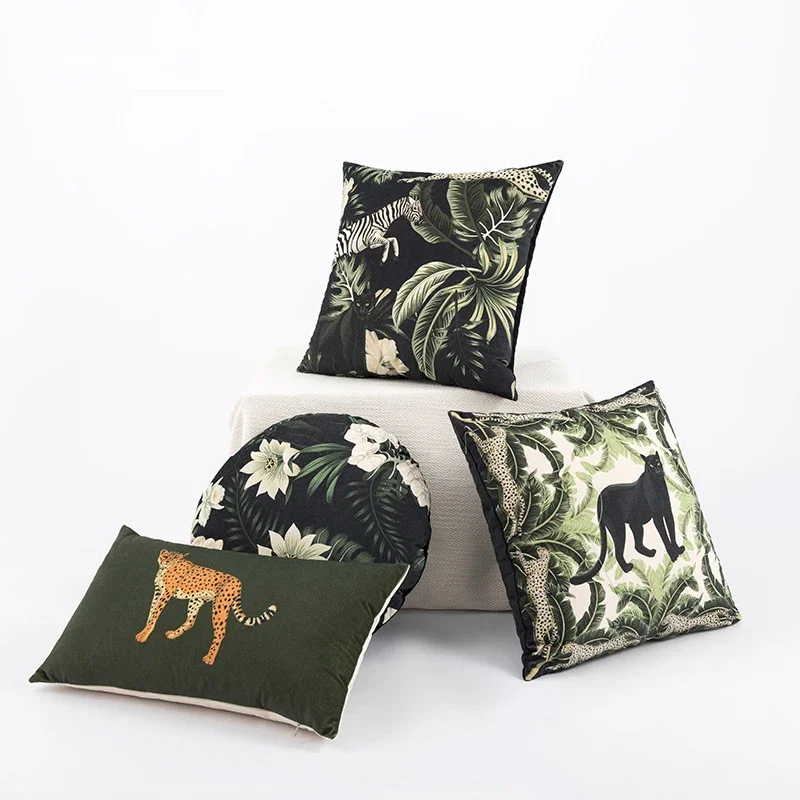 2 Piece Tropical Jungle Flora Fauna Cushion Cover Velvet Cartoon Print Pillow Cover Square Round Hawaiian Home Decor for Sofa