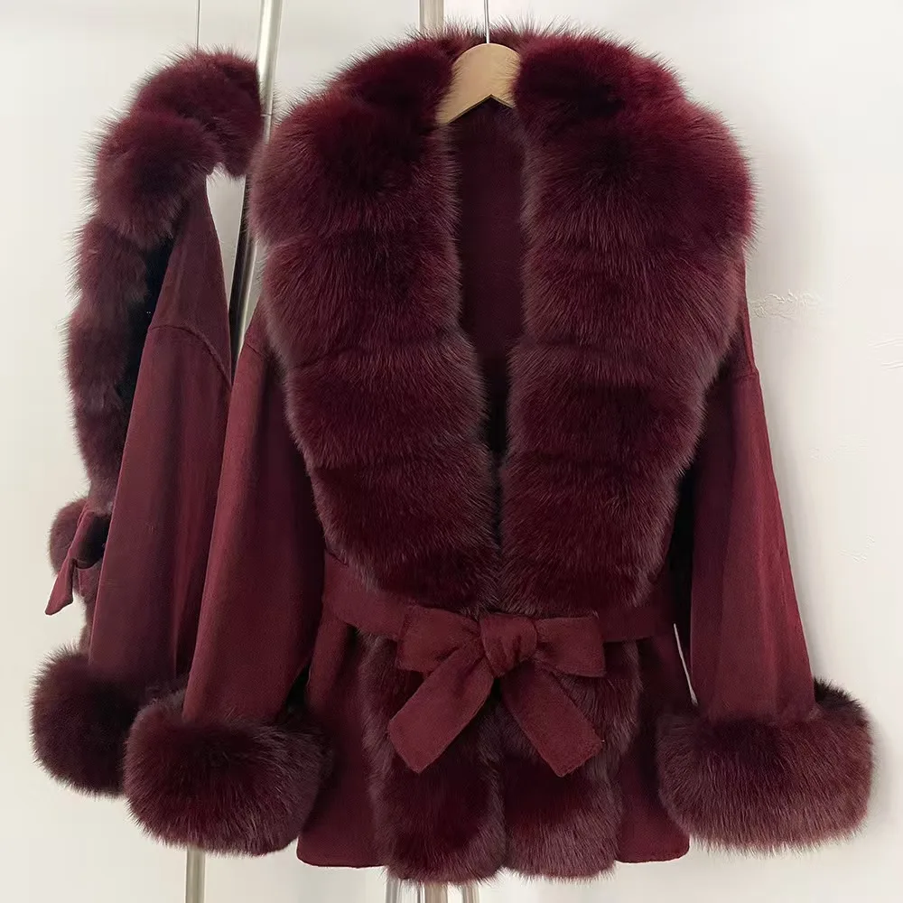 Women's Oversized Fox Fur Collar Mid-Length Wool Coat, Reversible Wool Jacket, Tie-Front Trench Coat, 2026, New Arrival, Y2K