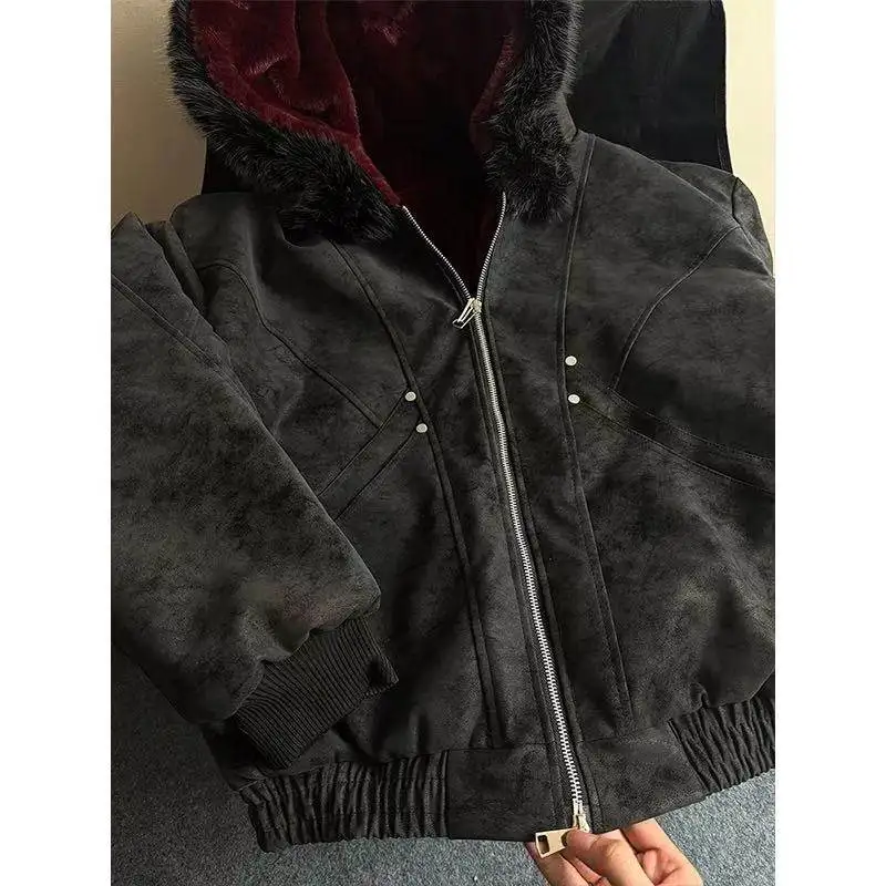 Red Faux Fur Lining PU Leather Winter Coat Man Woman Winter Warm Thicken Fleece Hooded Jacket Padded Coats