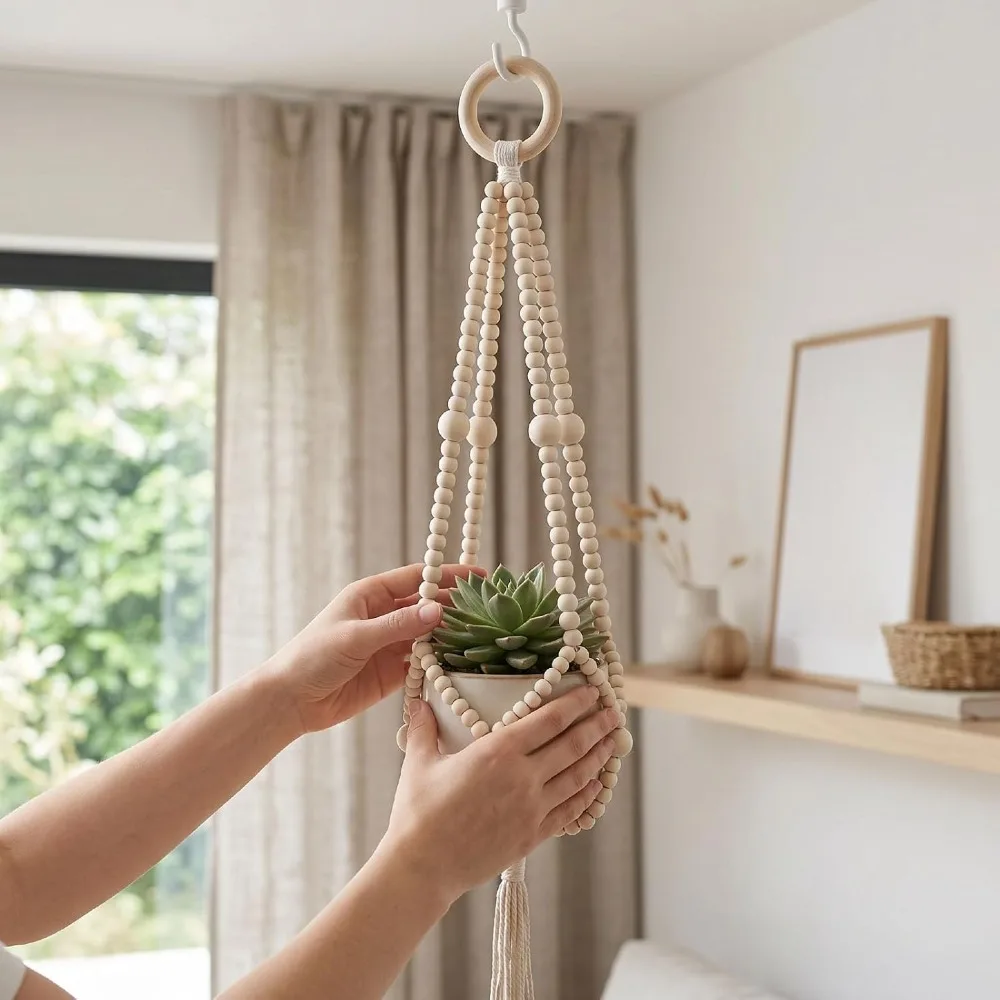 Natural Wood Beads Beaded Plant Hanger Cotton Rope Macrame Fringe Macrame Plant Hanger Boho Design Woven Construction