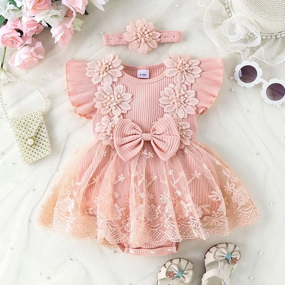 

Cotton Baby Girl Princess Dress Lace Mesh Short Sleeve Baby Girl Bubble Dress Bowknot Sweet Infant Dress with Headband Kids