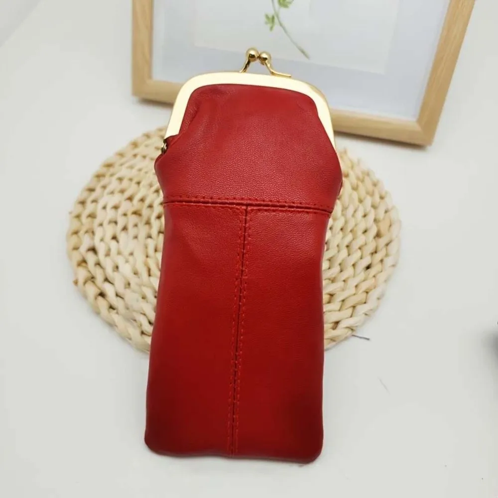 Secure Closure Leather Kiss Lock Purse Metal Frame Multi-Functional Retro Clasp Eyeglasses Bag Exquisite Large Capacity