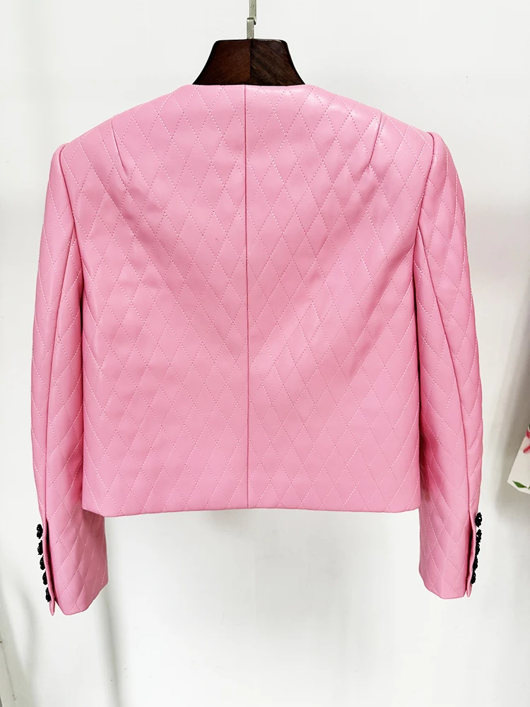 HIGH STREET-chaqueta de cuero recortada con rombos para mujer, chaqueta de diseñador con botones rosas, apliques de flores, moda más nueva de 2024