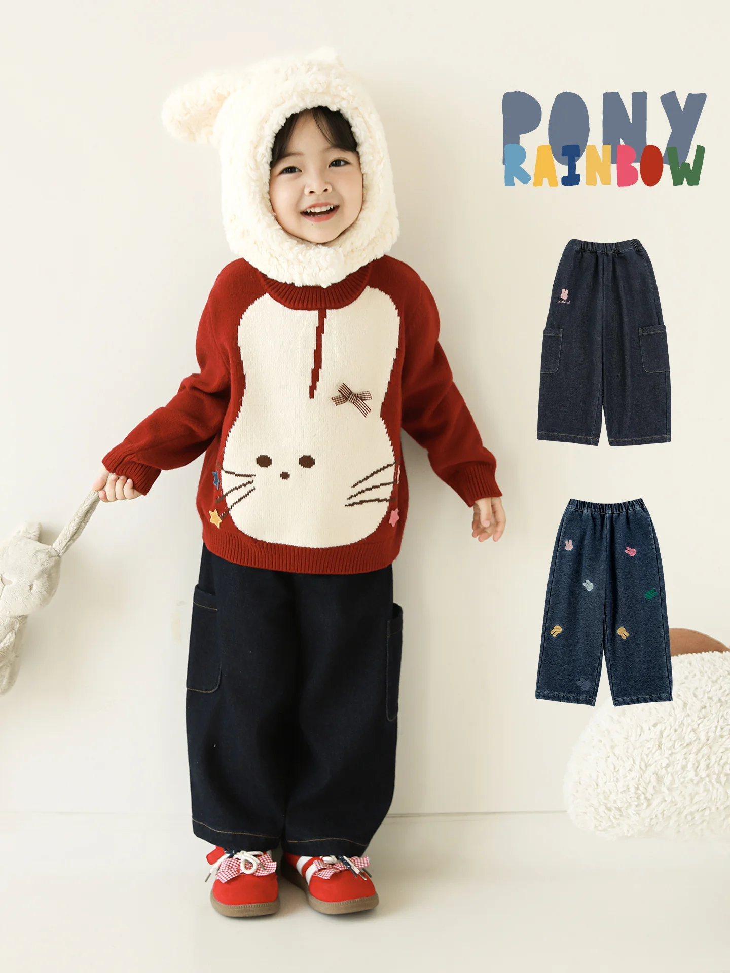 Girls Winter Jeans 2025 Fluffy Rabbit Print Plus Velvet Lining Straight Leg Pants Loose Tummy Control Casual Trousers 1-7 Years