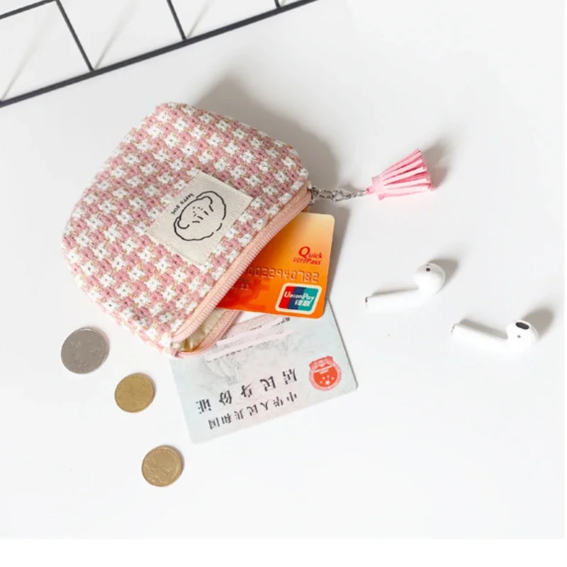 Mini Portable Plaid Coin Bags Money Wallet Purse Earphone Lipstick Data Line Storage Bags ID Card Bank Card Holder Clutch Pouch