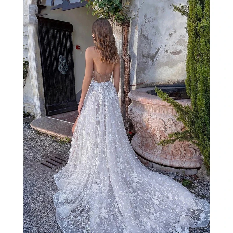 Gorgeous Sexy Off Shoulder Sleeveless High Fork Mopping Wedding Dresses With Split Beach Lace Bride Dresses Backless Custom Made