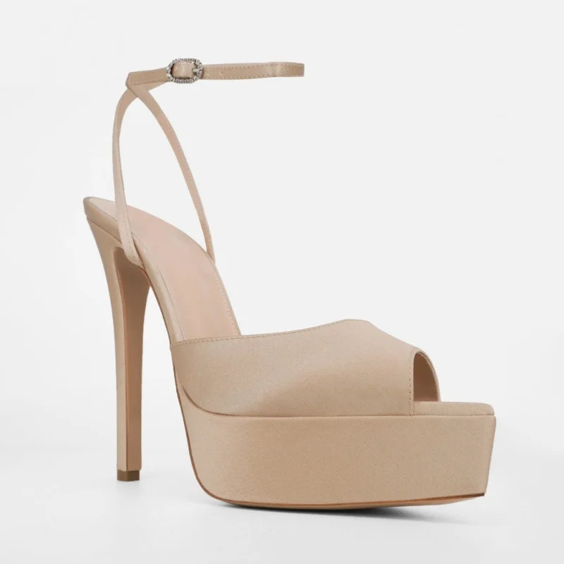MKKHOU Satin Platform Stiletto Sandals Women Peep Toe Ankle Strap Buckle Thin High Heels Wedding Party Dress Pumps Women