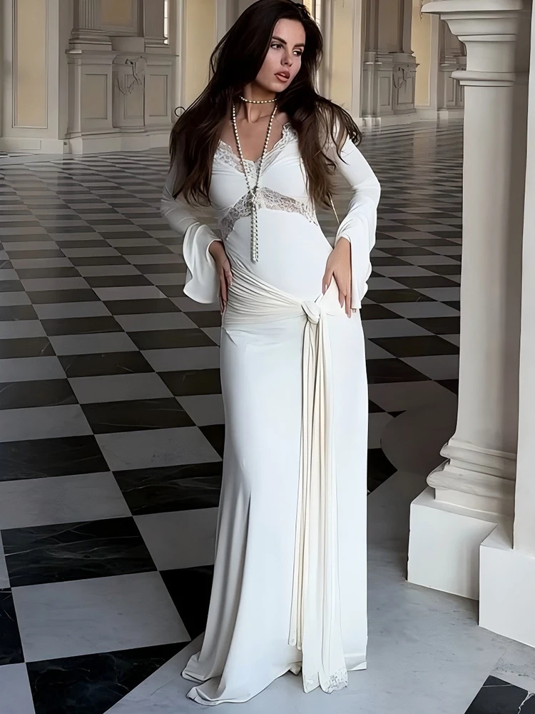 فستان ماكسي Sibybo بأكمام مضيئة ثنيات مكشكشة للنساء من الدانتيل المرقعة ورقبة على شكل V فساتين ضيقة أنيقة ومثيرة للحفلات