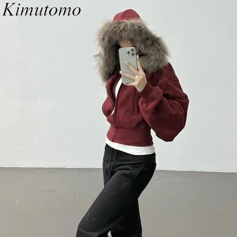 

Худи Kimutomo женские, с меховыми вставками, осенне-зимние, приталенные, на молнии, винтажные, укороченные куртки, в стиле Y2K, Харадзюку, гранж, женские свитшоты