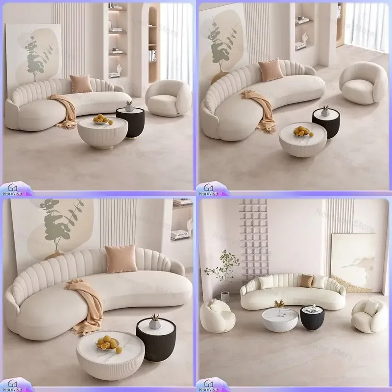 Modern Curved 3 Seater Reclining Sofa Set Leather Cashmere Cover High Density Sponge Living Room Beauty Salon Furniture