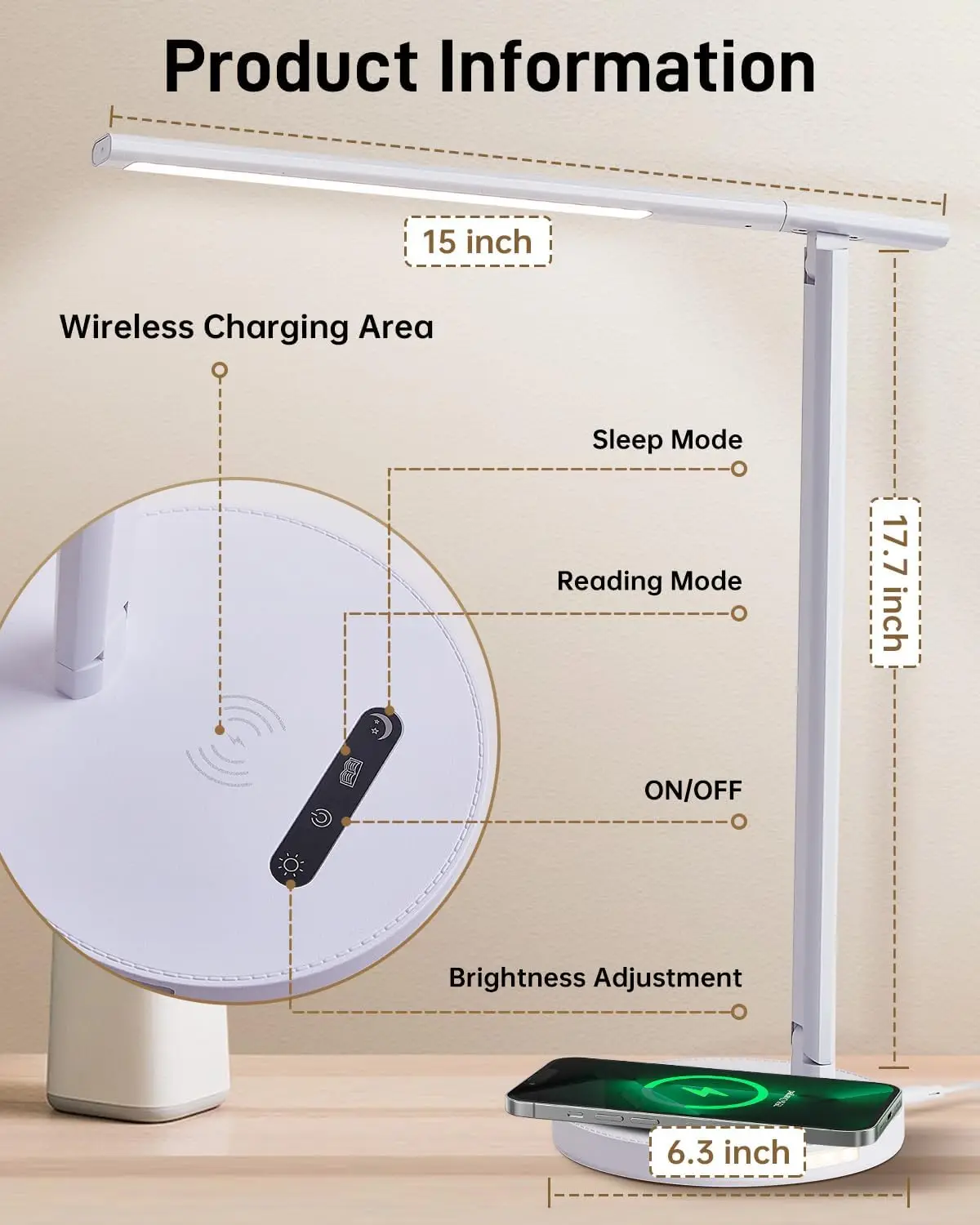 Foldable Eye-Caring Study Reading Table Lamp Night Light with Wireless Charger for Home Office Bedroom