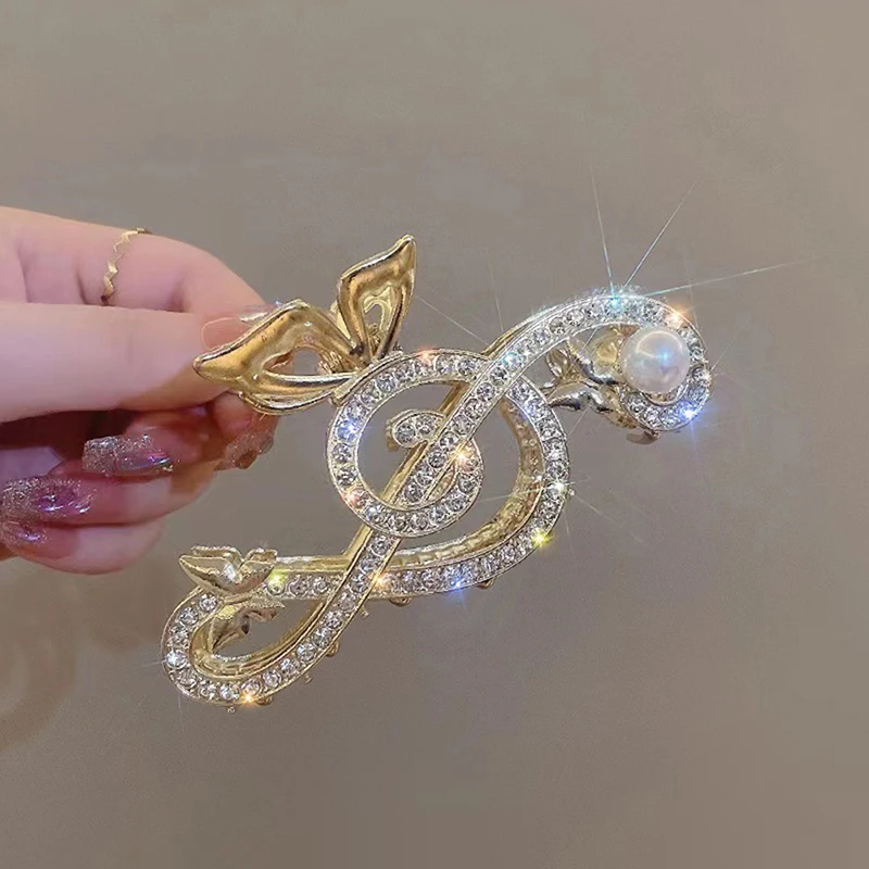 Women Elegant Music Note Shape Hair Clips Luxury Rhinestone Ponytail Claw Clip image 6