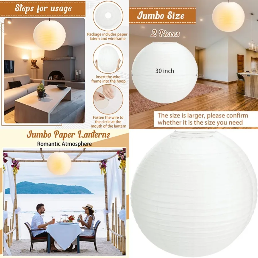 2 Pack Paper Lanterns 30 Inch Large White Hanging Lanterns Jumbo Round Ball Luminary for Wedding Party Birthday Home DIY Craft