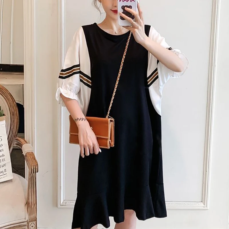 

Fashion O-Neck Spliced Loose Fake Two Pieces Mini Dress Female Clothing 2024 Summer New Oversized Batwing Sleeve Casual Dresses