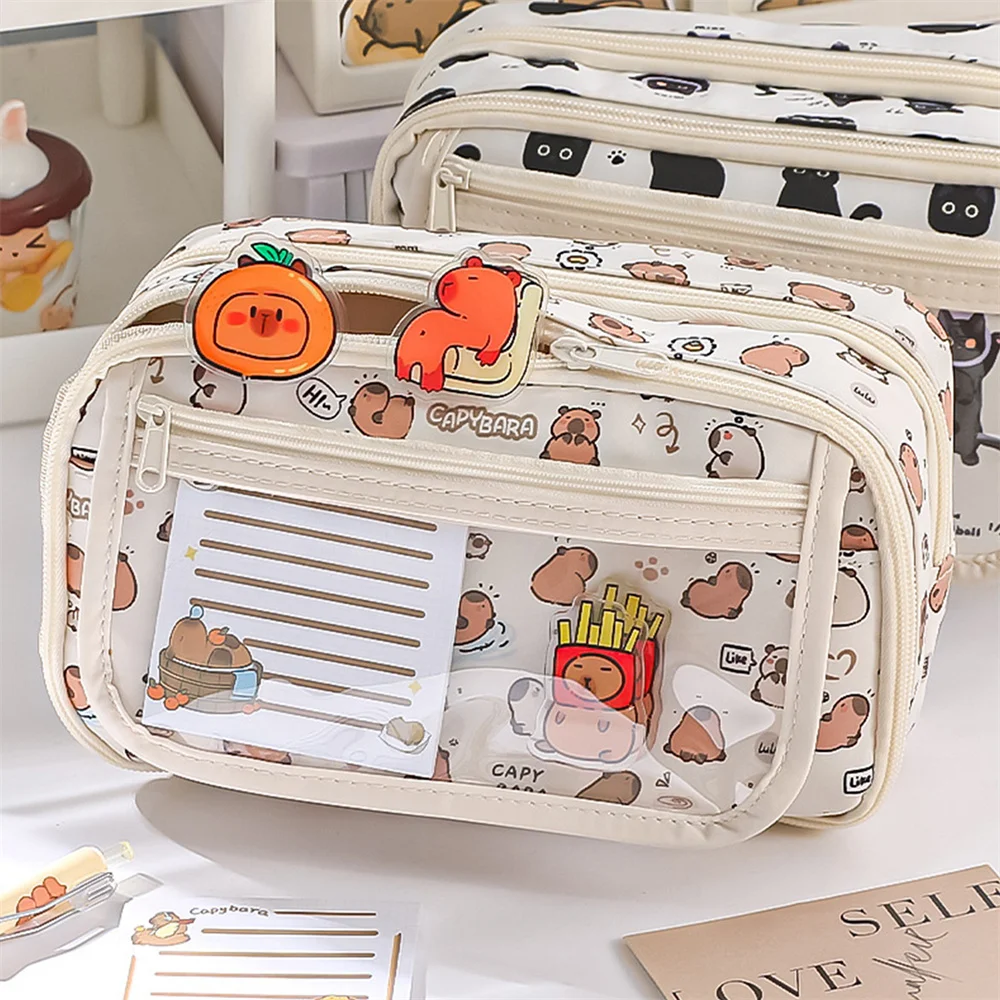 EZONE Cute Cartoon Capybara Pattern Pencil Case with Compartments for Girls and Large Pencil Case for Children Teenager Students