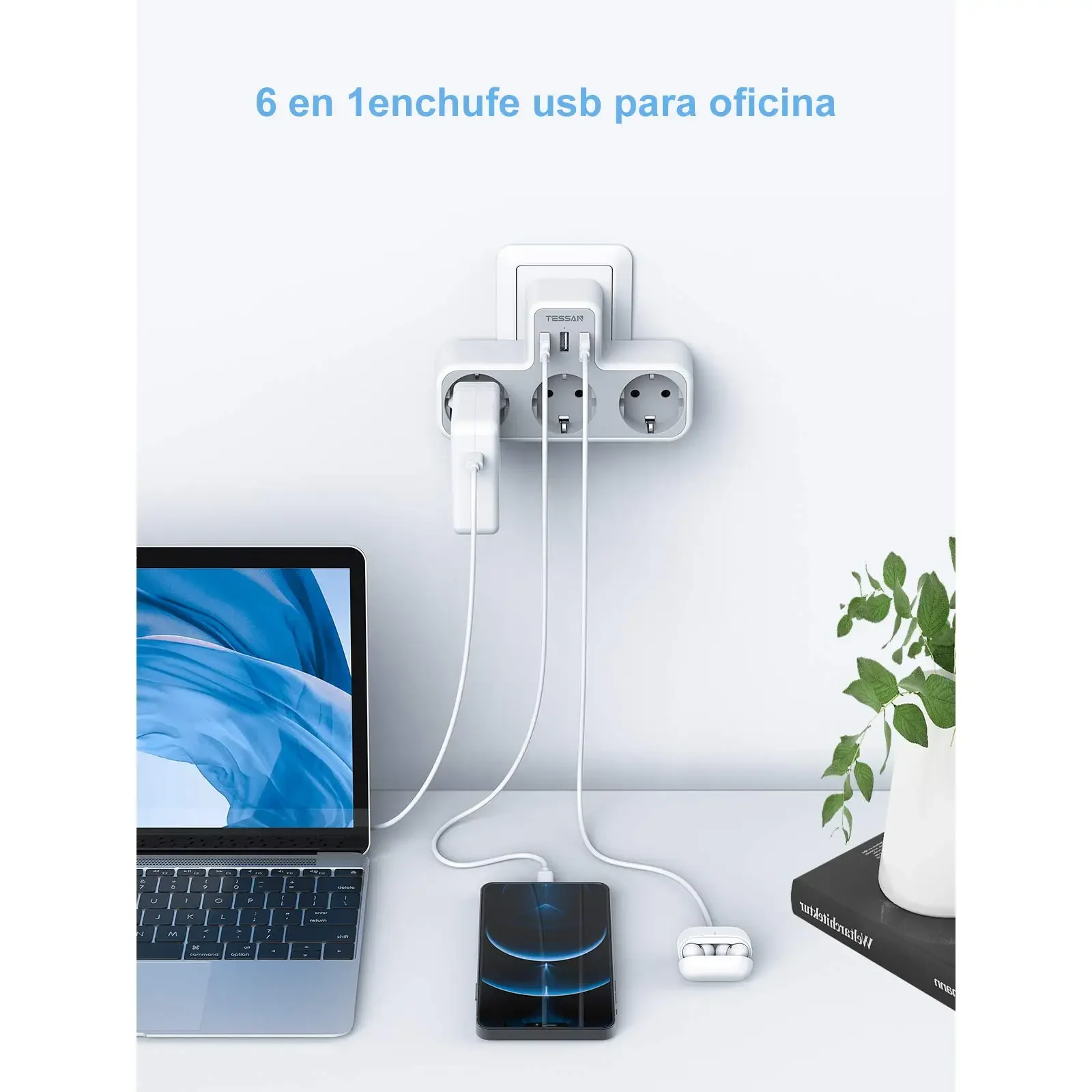 TESSAN Wiele gniazd ściennych z 3 gniazdami AC i 3 portami USB, adapter USB 6 w 1 z zabezpieczeniem przed przeciążeniem do smartfona, tabletu