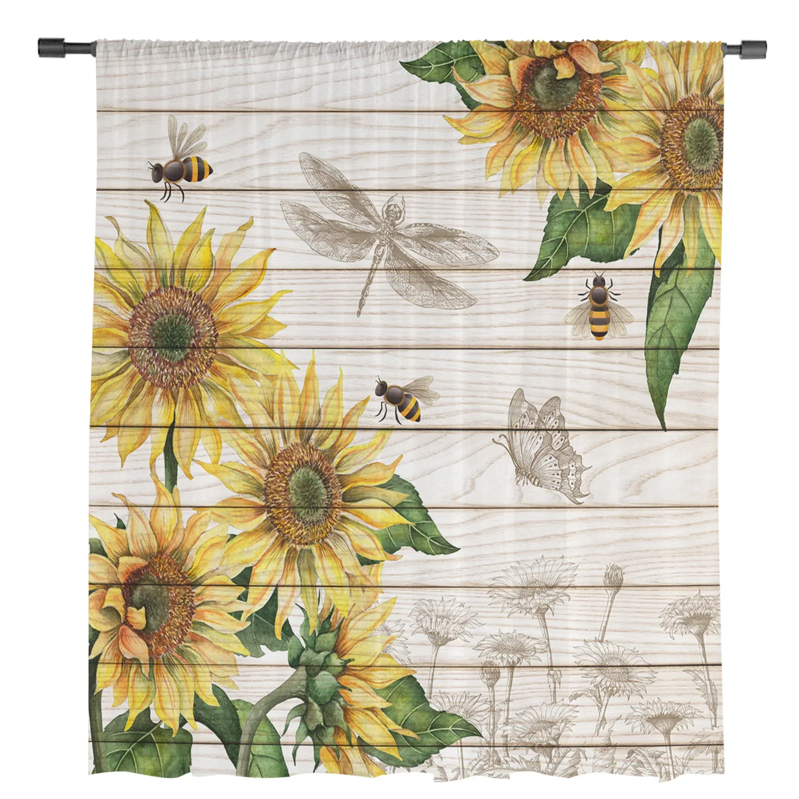 Sunflower Bee Butterfly Wood Texture Tulle Curtains Living Room Kitchen Decoration Chiffon Window Treatments Voile Sheer Curtain