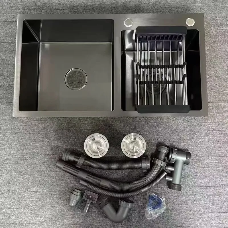 

Custom wholesale stainless steel 304 201 square countertop kitchen sink black nano handmade double slot