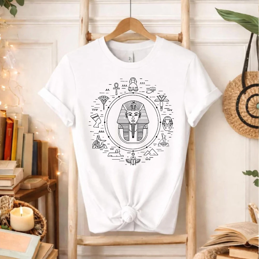 Monochrome Tutankhamun Pharaoh Mask Surrounded By Egyptian Hieroglyphs Graphic T-Shirt Ancient Egypt Symbol Cotton Style Tee