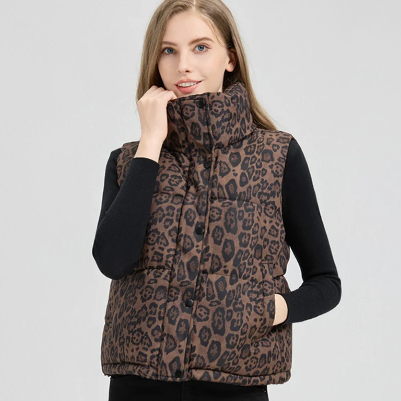 

Vintage Leopard Cotton Vest Women Spring Autumn Stand Collar Sleeveless Thicken Jacket Vest Woman Pockets Zipper Up Coats Mujer