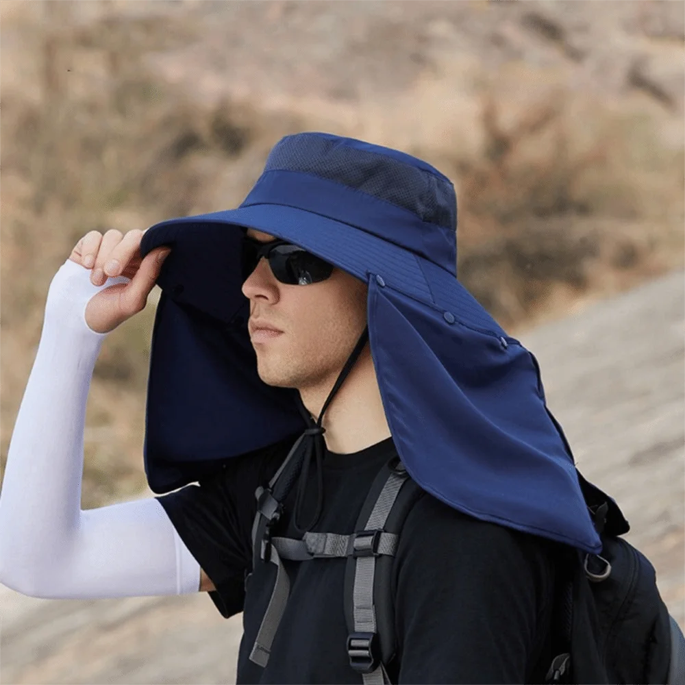 Simple Cloth Men Sun Hat Neck Protection Removable Shawl Women Visor Cap With Lanyard Ultraviolet-proof Summer Bucket Hat Beach view 2