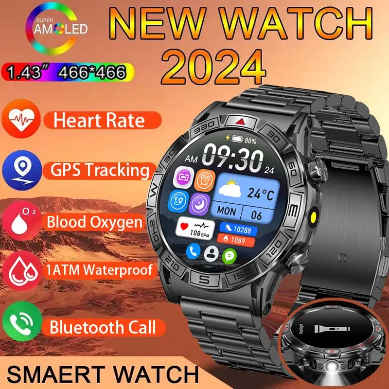 2024 New For Huawei Xiaomi Take Flashlight Smartwatch Men 1.43inch HD AMOLED Screen 450 Mah Battery Bluetooth Call SmartWatch