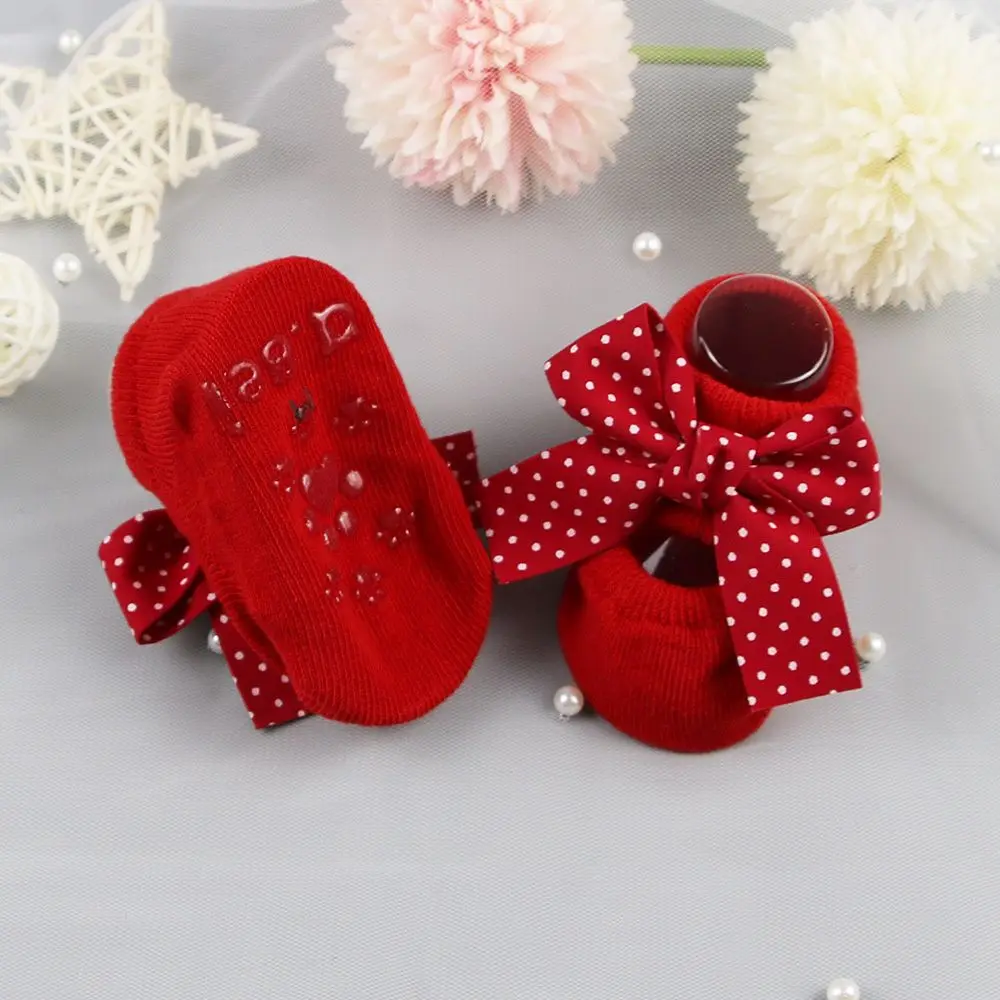 Bow Headband Cotton Heart Red Striped Socks Headband Set Infant Anti Slip Socks Newborn Baby Girl Socks Toddler Floor Socks