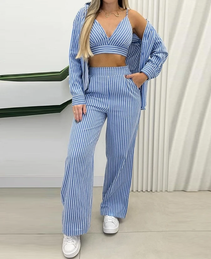 Elegant Two Piece Set Women Outfit 2024 Summer Casual Striped Crop Cami Top & Fashion Pocket Design Pants Set with Buttoned Coat