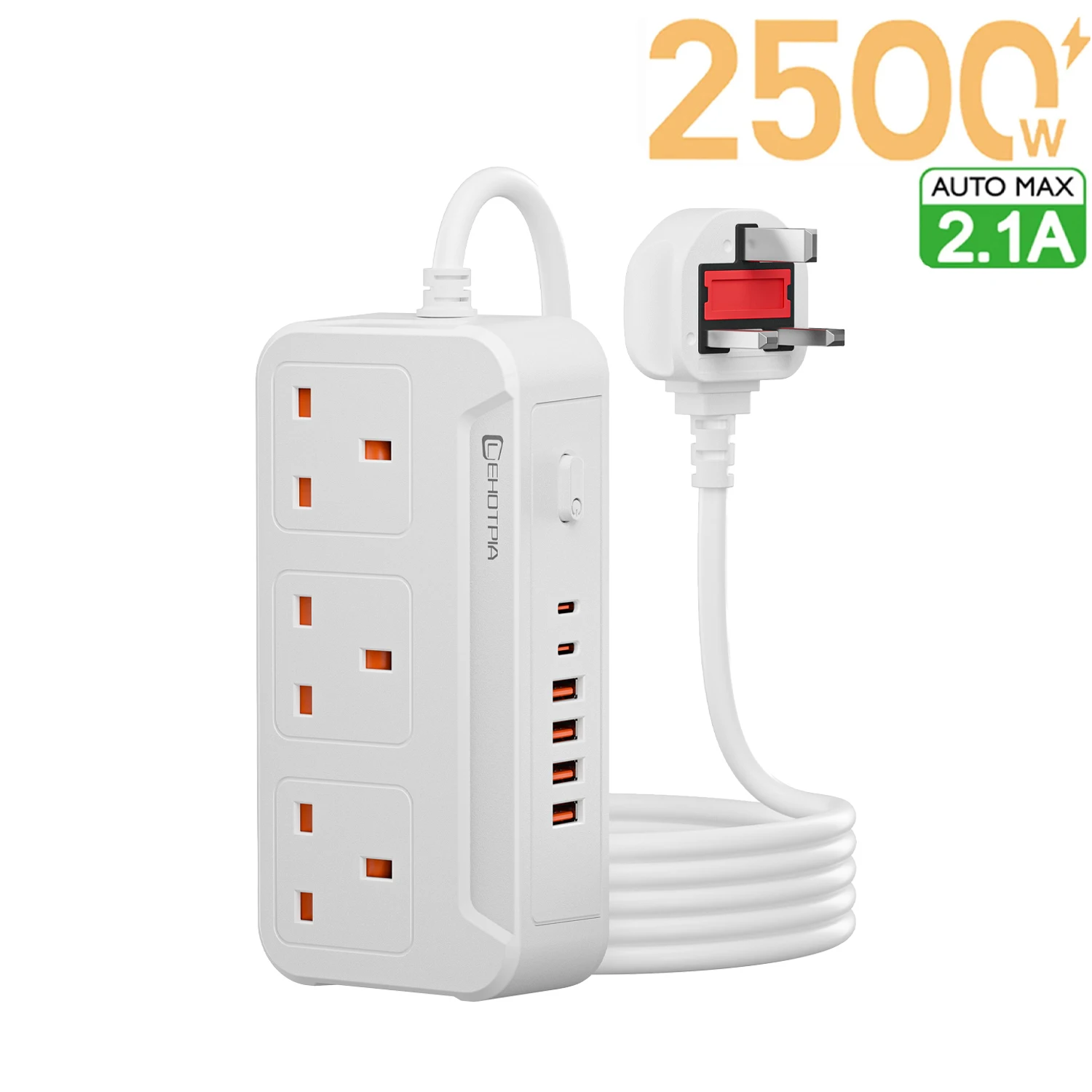 2500W UK Plug AC Outlets Multitap Socket Extension Cord Electrical Power Strip USB Type C Fast Charge Network Filter Adapter