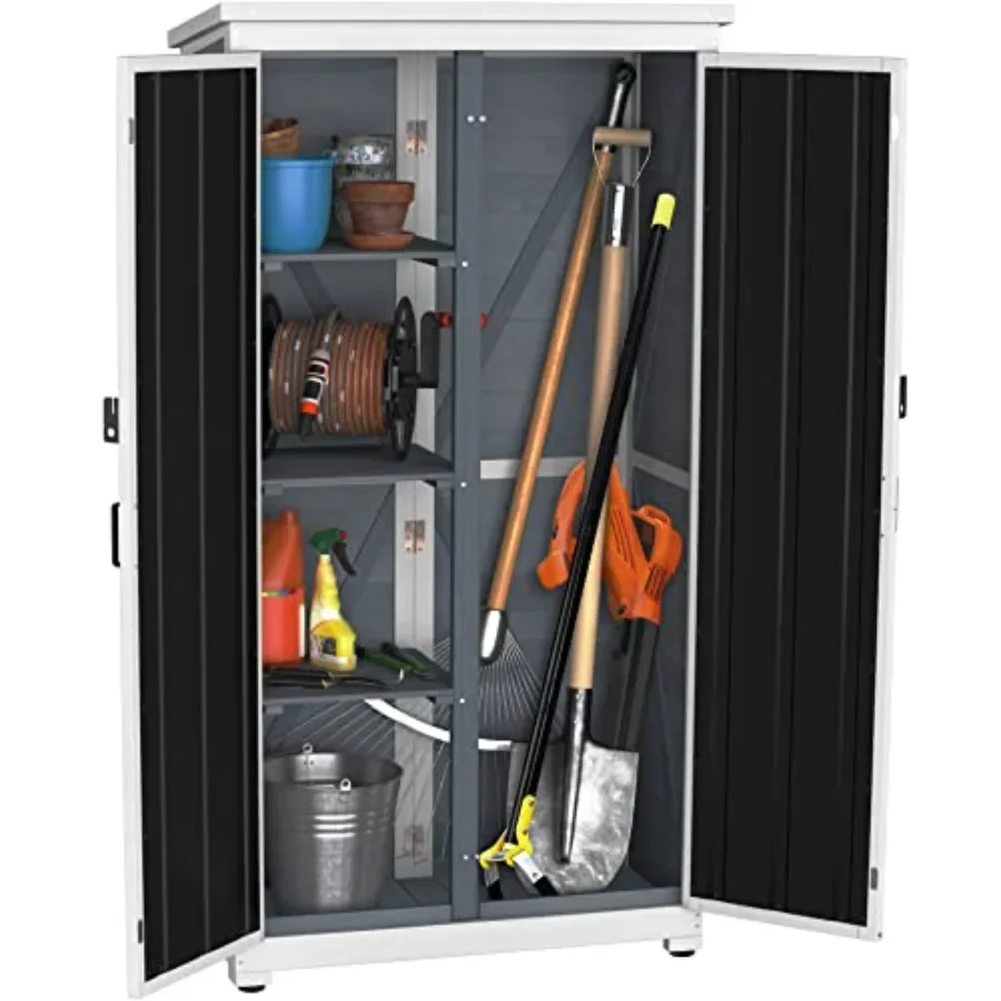 Outdoor Storage Cabinet for Garden Use, Wood and Metal Construction, Gray Finish, Weather-Resistant Tall Tool Organizer