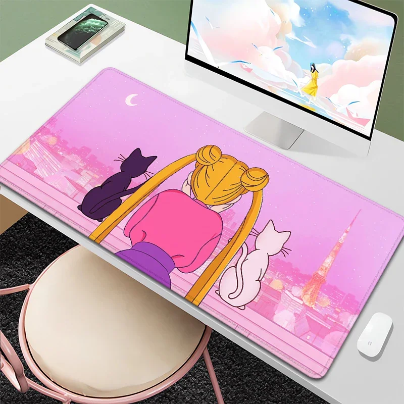

Retro Anime Mousepad Lo-fi Purple Aesthetics 90s Artemis and Luna Cats Pink XXL large Extended Gaming Desk Mat Cute Mouse Pad
