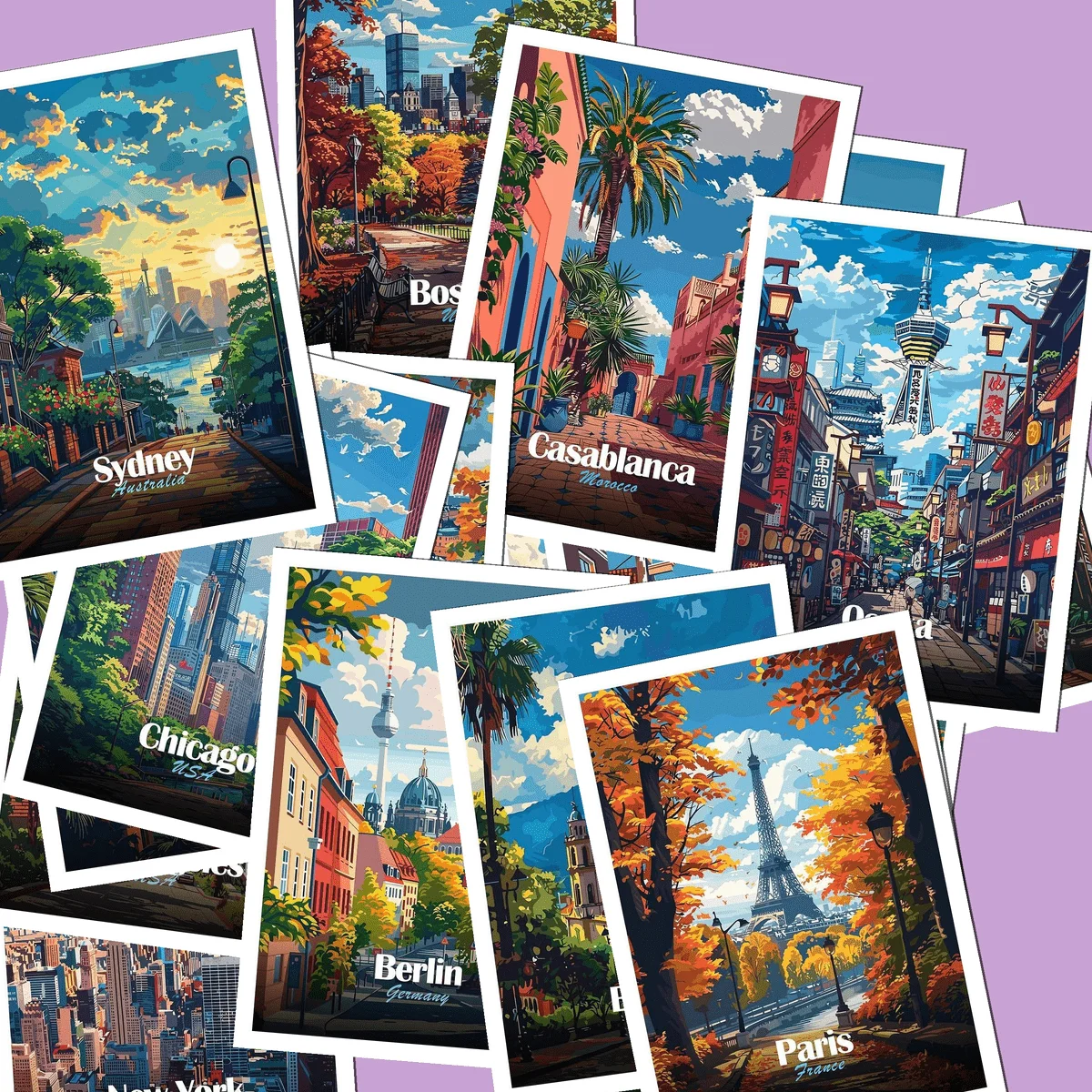 20PCS Tokyo and Other Tourist City Architectural Landscape Postcards, Classic Illustration Collection Decoration Greeting Cards