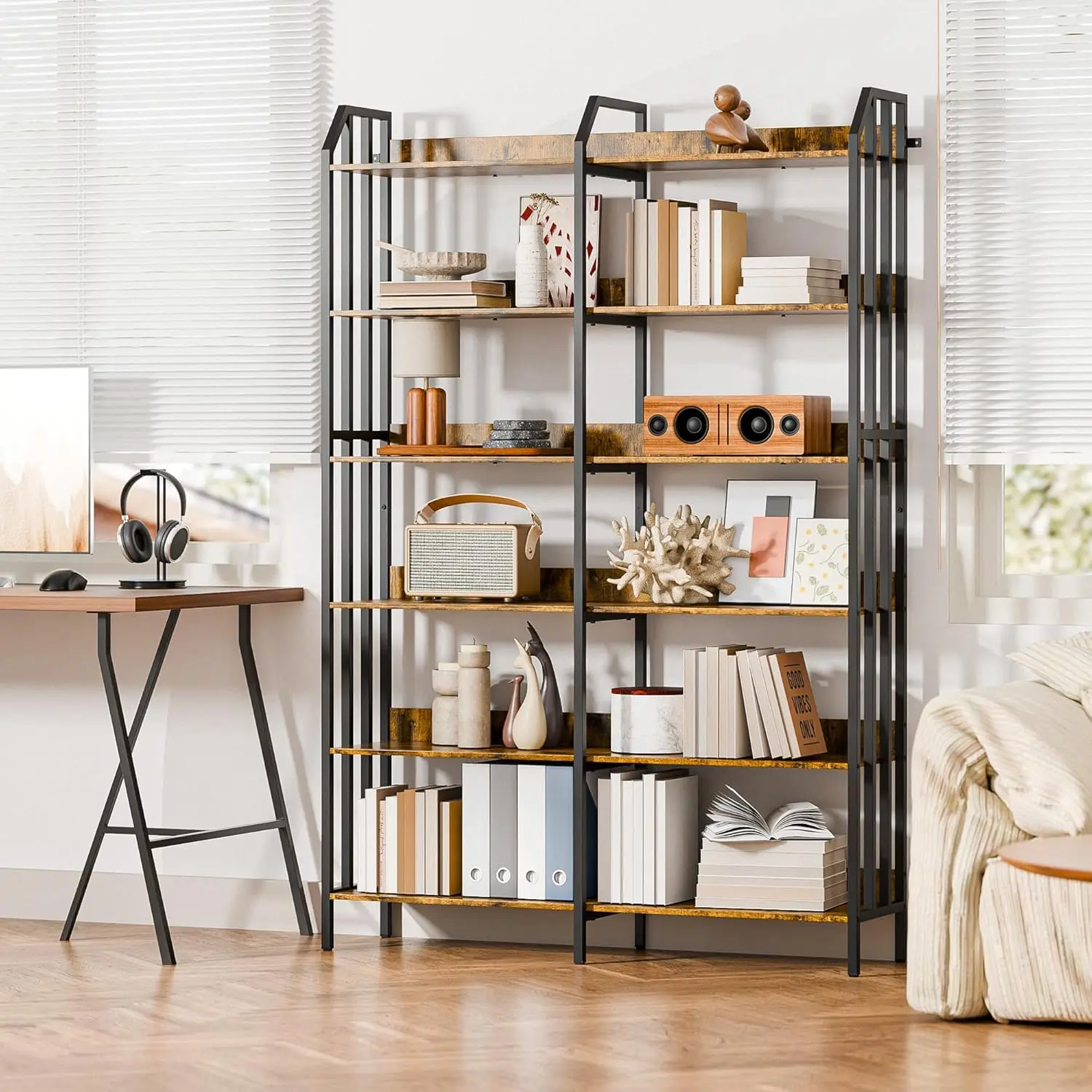 Bookshelf Double Wide 6 Tier, 70” Industrial Wooden Bookcase, Freestanding Book Shelf with Open Shelves, Wood and Metal Bo