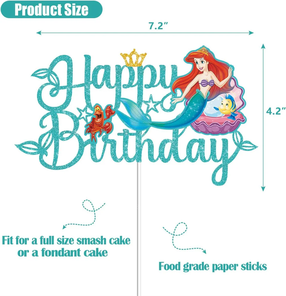 Disney The Little Mermaid Cake Toppers Cartoon Princess Ariel Cake Flag Decor Baby Shower Girls Birthday Party Cake Decorations