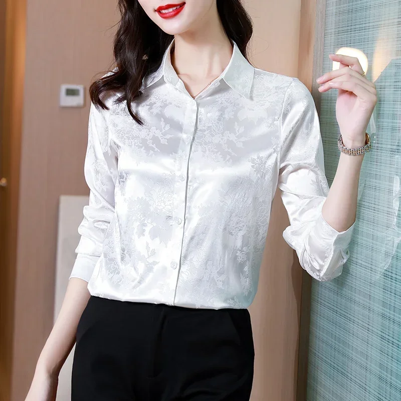 Fashion Silk Women\'s Blouses Shirts Long-sleeved Top Jacquard Satin Woman Shirt Solid Button Print Blouse Elegant Women Clothing